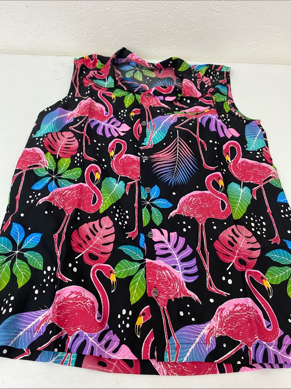 Sleeveless Tropical Flamingo Print Blouse - Black & Pink